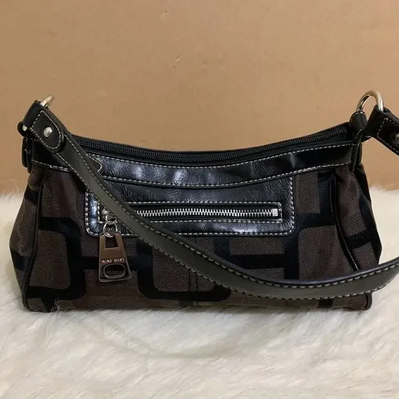 NINE WEST Vintage Y2K Dark Brown & Black Logo Pattern Canvas Hobo Shoulder Bag - Picture 2 of 10